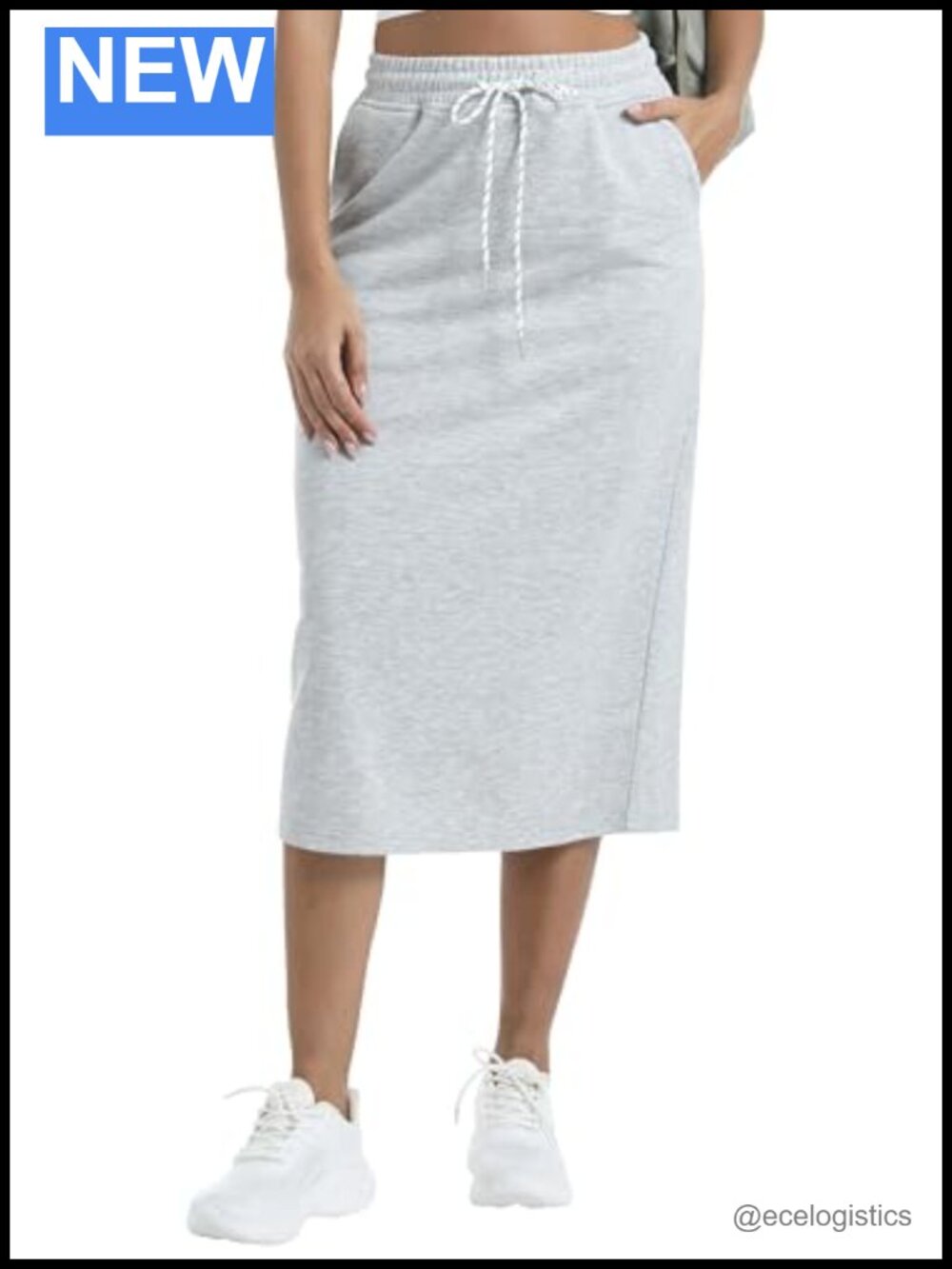 High Waist Midi Sweat Skirt with Pockets Drawstring